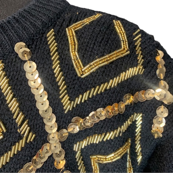 Vintage Alfred Dunner Beaded Sequin Sweater black / gold diamon argyle 70s / 80s - Picture 3 of 9